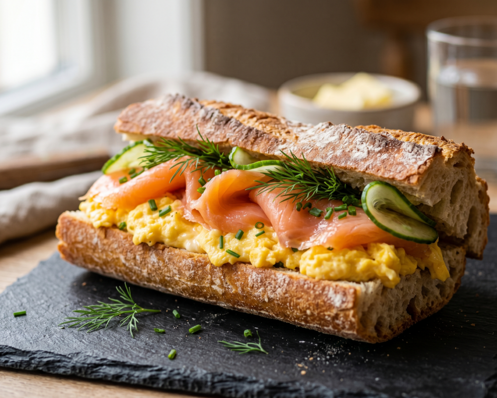 Baguette med laks og eggerøre