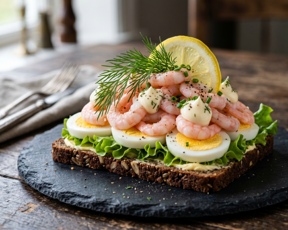 Smørbrød med reker, egg og majones