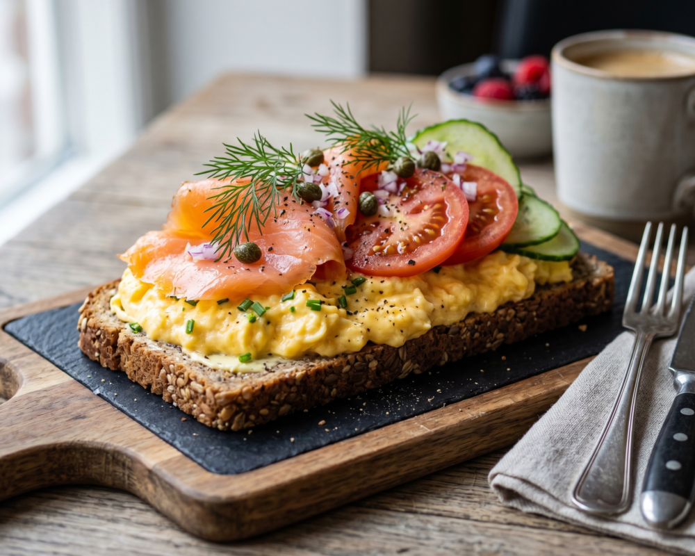 Smørbrød med røkelaks, eggerøre og tomat