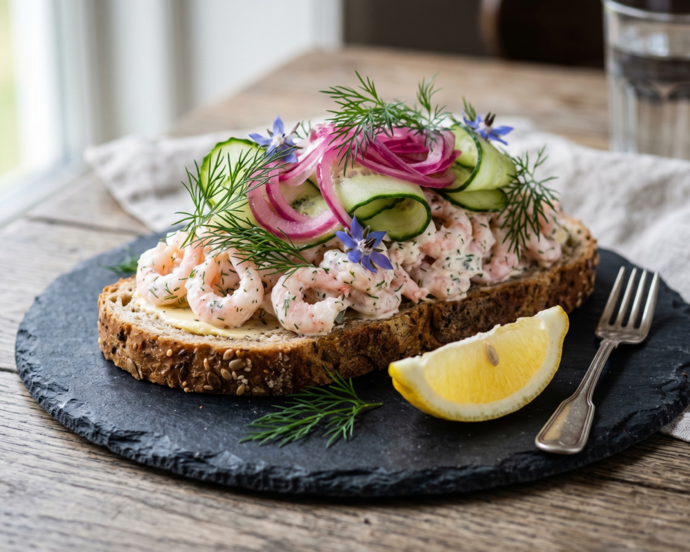 Smørbrød med skagenrøre, agurk og piklet rødløk