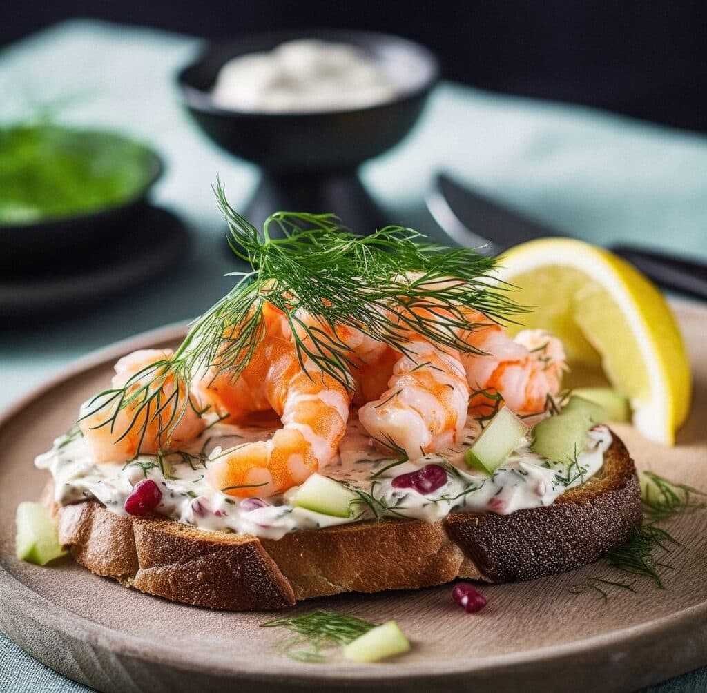 Smørbrød med reker, egg og majones - valg for bedriftslunsj i oslo