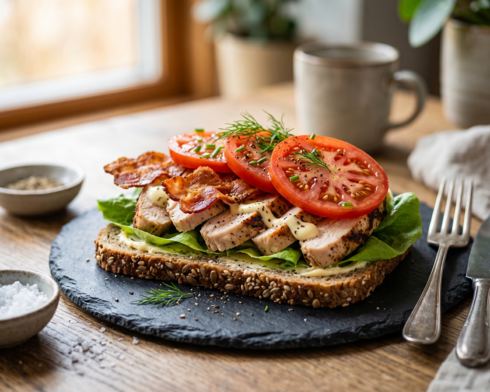 Smørbrød med kylling, bacon, tomat