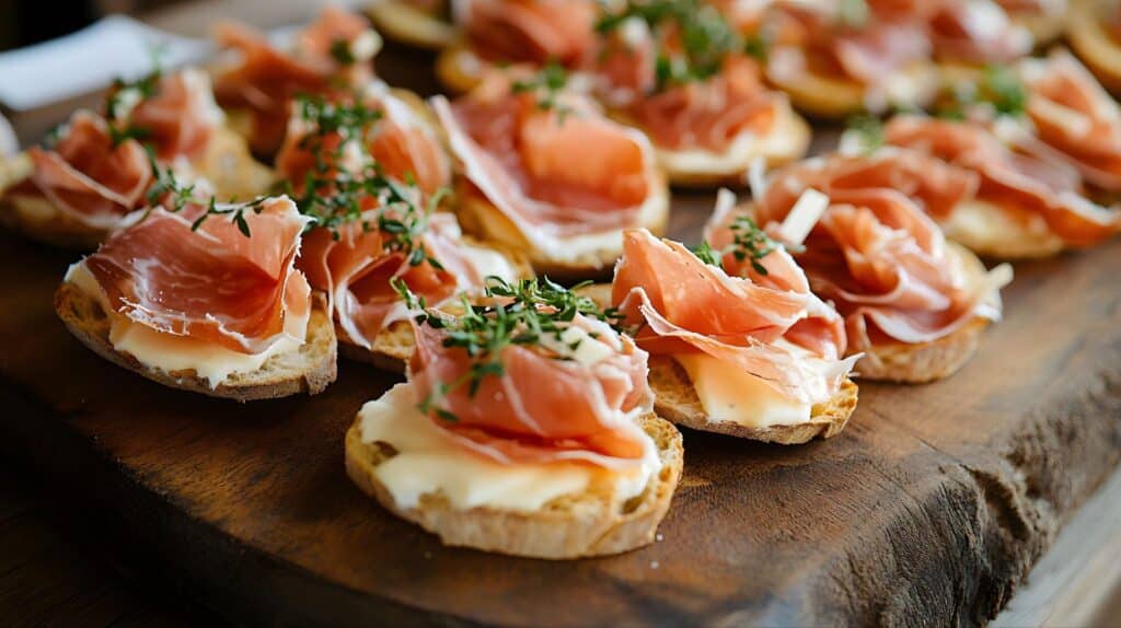 Små bruschetta med spekeskinke, kremet ost og friske urter – klassisk og populær fingermat til festlige anledninger.