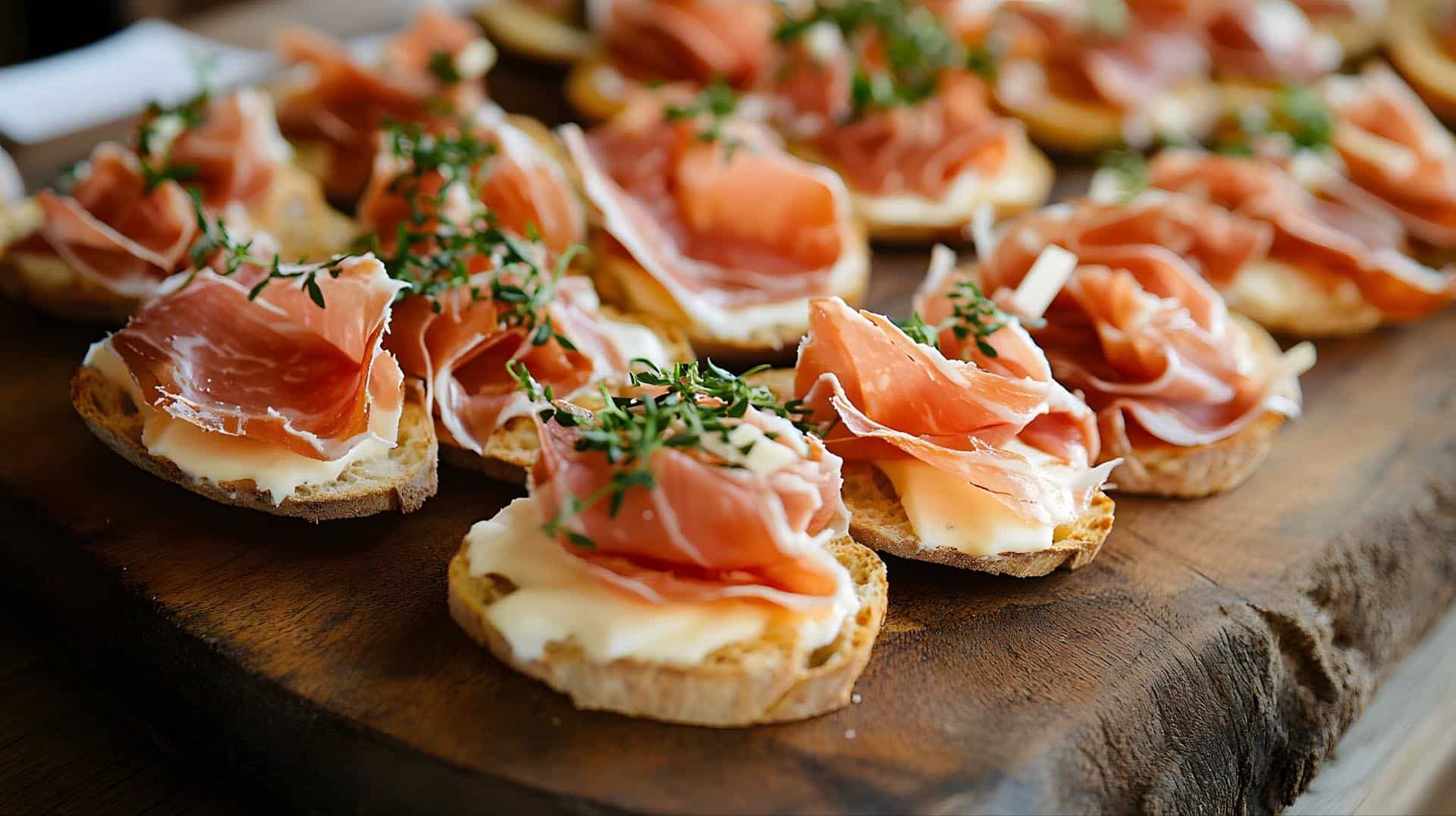 Små bruschetta med spekeskinke, kremet ost og friske urter – klassisk og populær fingermat til festlige anledninger.