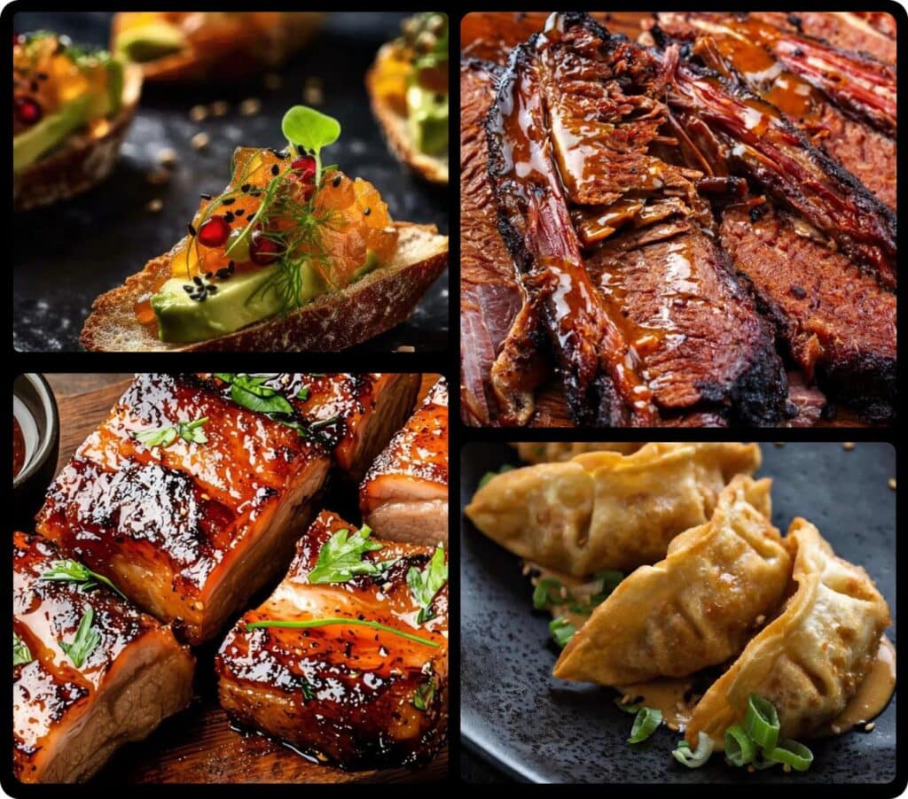 Variert fingermatfat med glaserte kjøttbiter, dumplings, pulled brisket og lakse-avokadosnitt