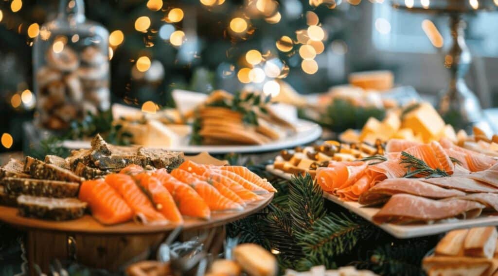 Innbydende koldtbord til julebord med røkelaks, spekeskinke, oster og grønne dekorasjoner – servert i stemningsfull belysning.