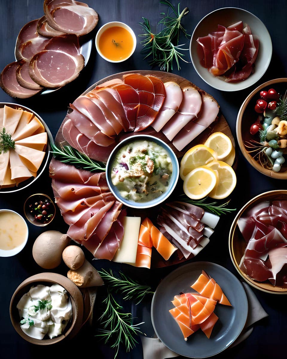 Klassisk koldtbord med spekemat, ost, grønne urter og kremete salater – lekkert dandert på fat og skåler i et elegant oppsett.