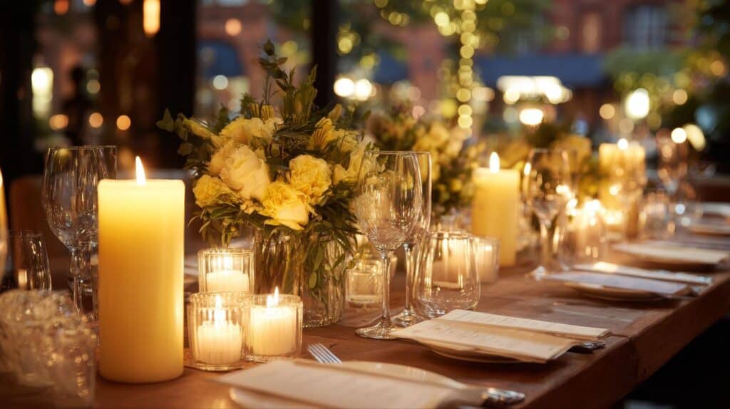 Elegant selskapslokale med stemningsfull belysning, levende lys og blomsterdekorasjoner.