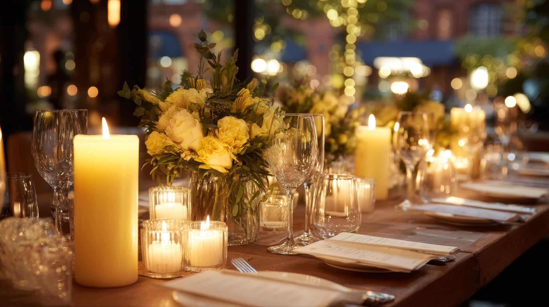 Elegant selskapslokale med stemningsfull belysning, levende lys og blomsterdekorasjoner.