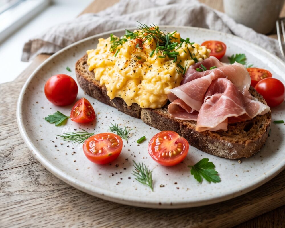 Smørbrød med eggerøre, spekeskinke & cherrytomater