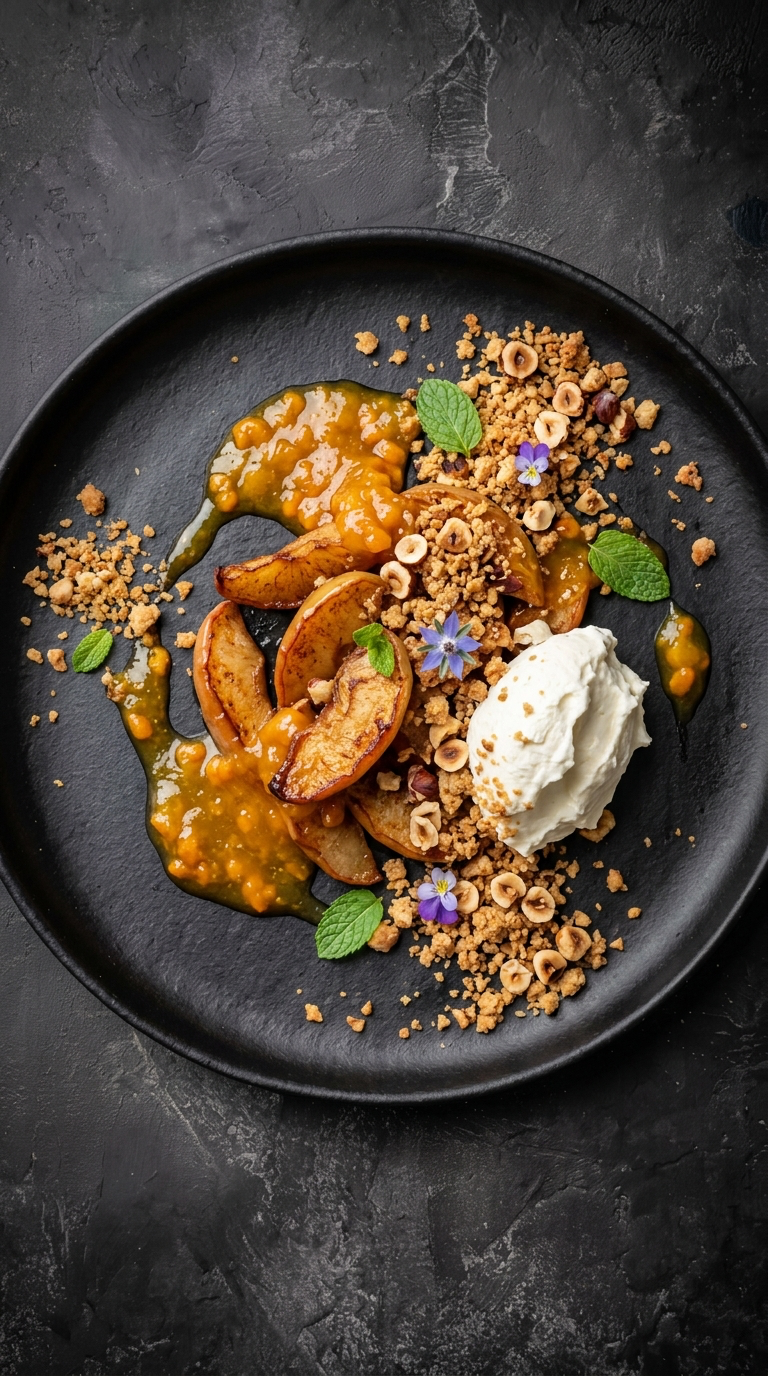 Karamelliserte epler med mascarponekrem og hasselnøtt-crumble