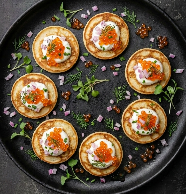 Blinis med pisket rømme og ørretrogn