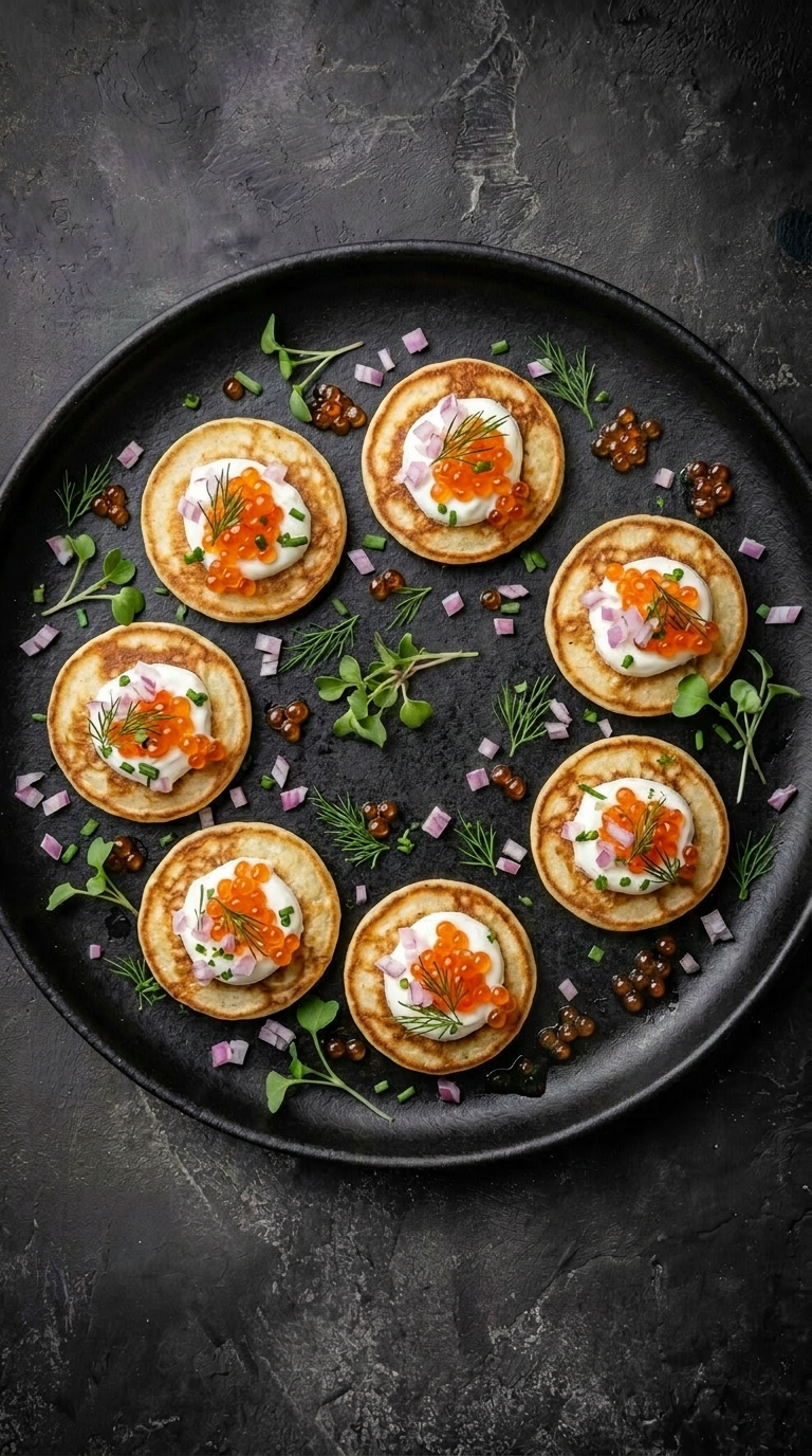 Blinis med pisket rømme og ørretrogn