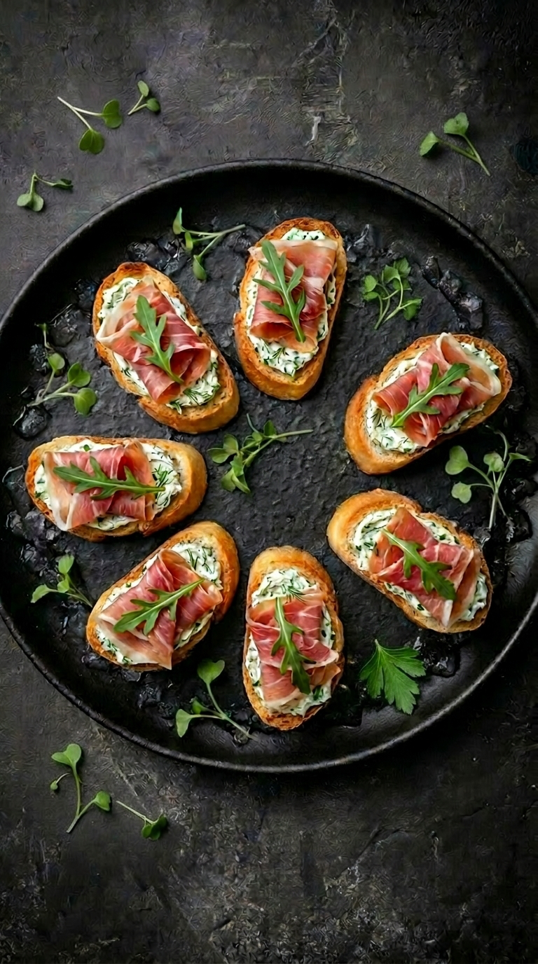 Crostini med parmaskinke og urter