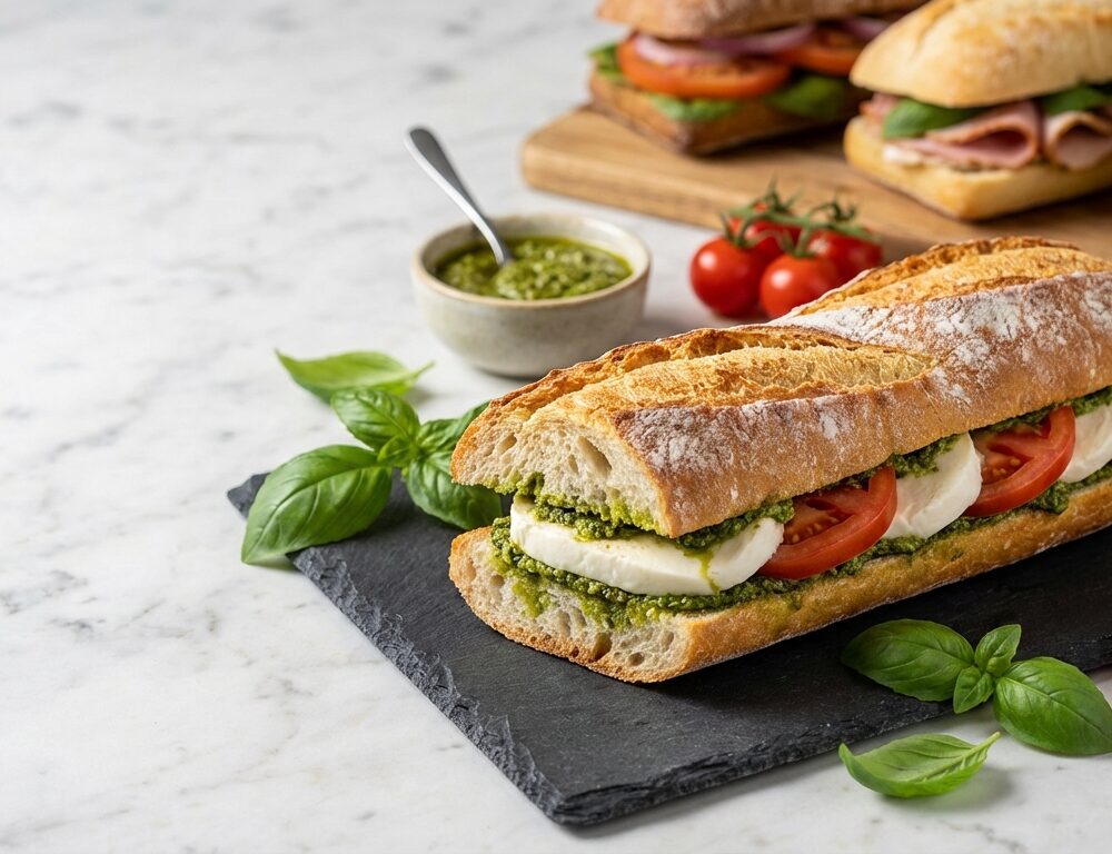 Baguette med pesto og mozzarella, tomat