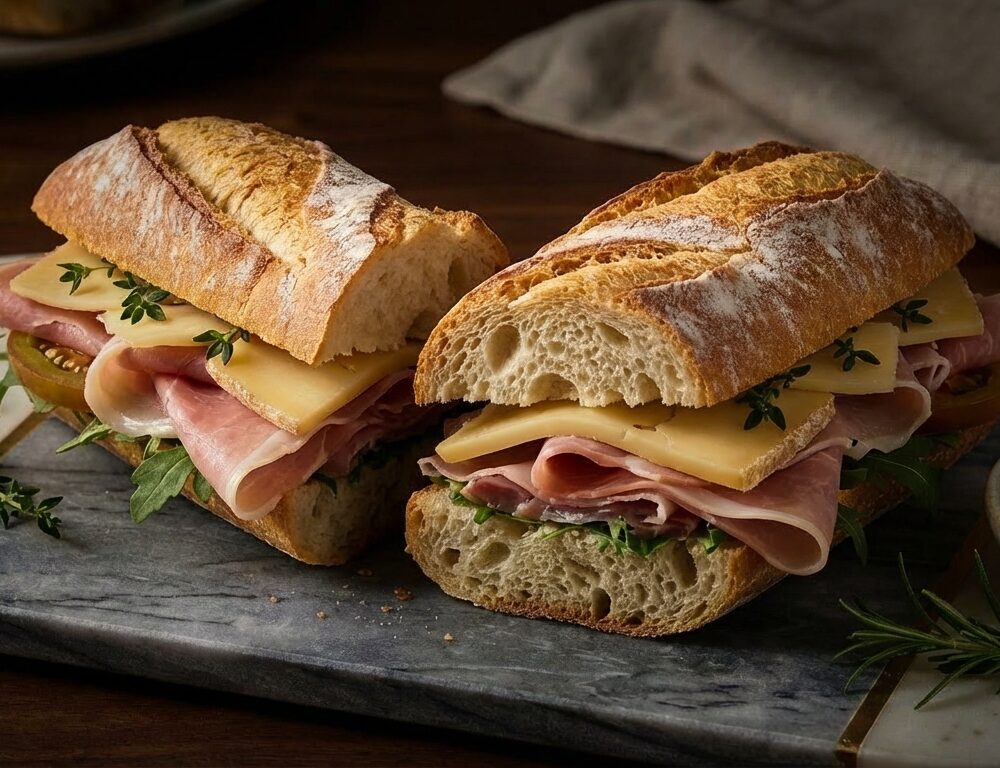 Baguette med ost og skinke
