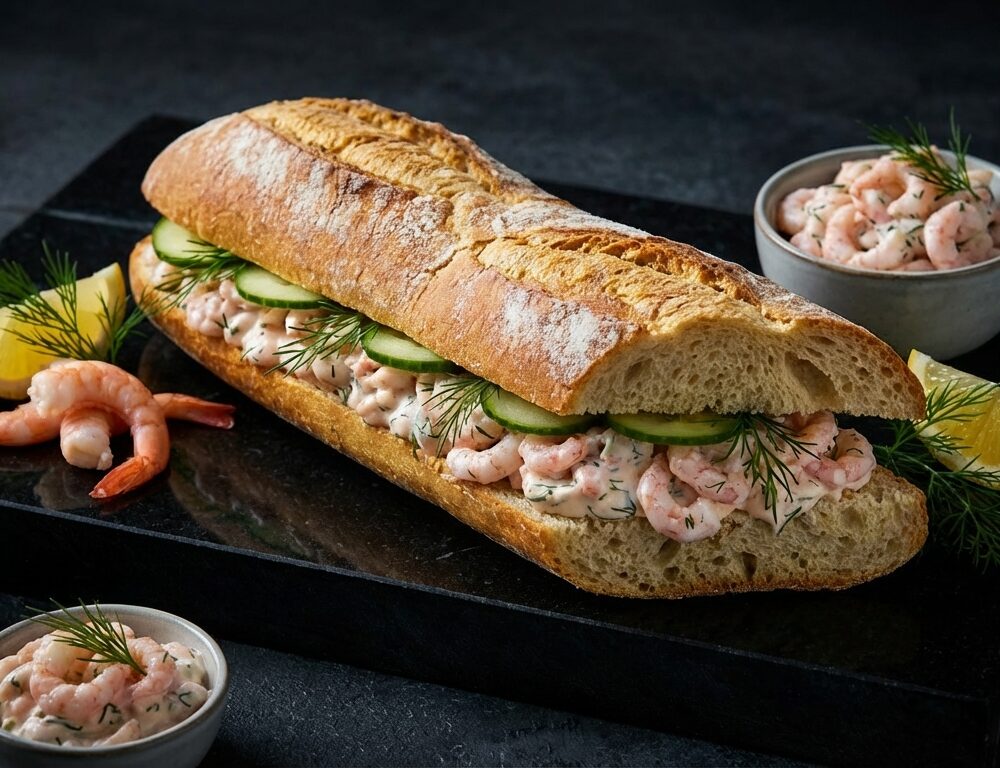 Baguette med skagenrøre og agurk