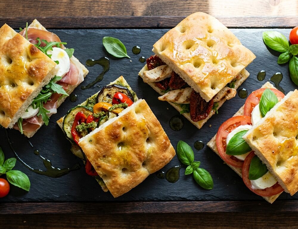 Focaccia med pesto, mozzarella og tomat