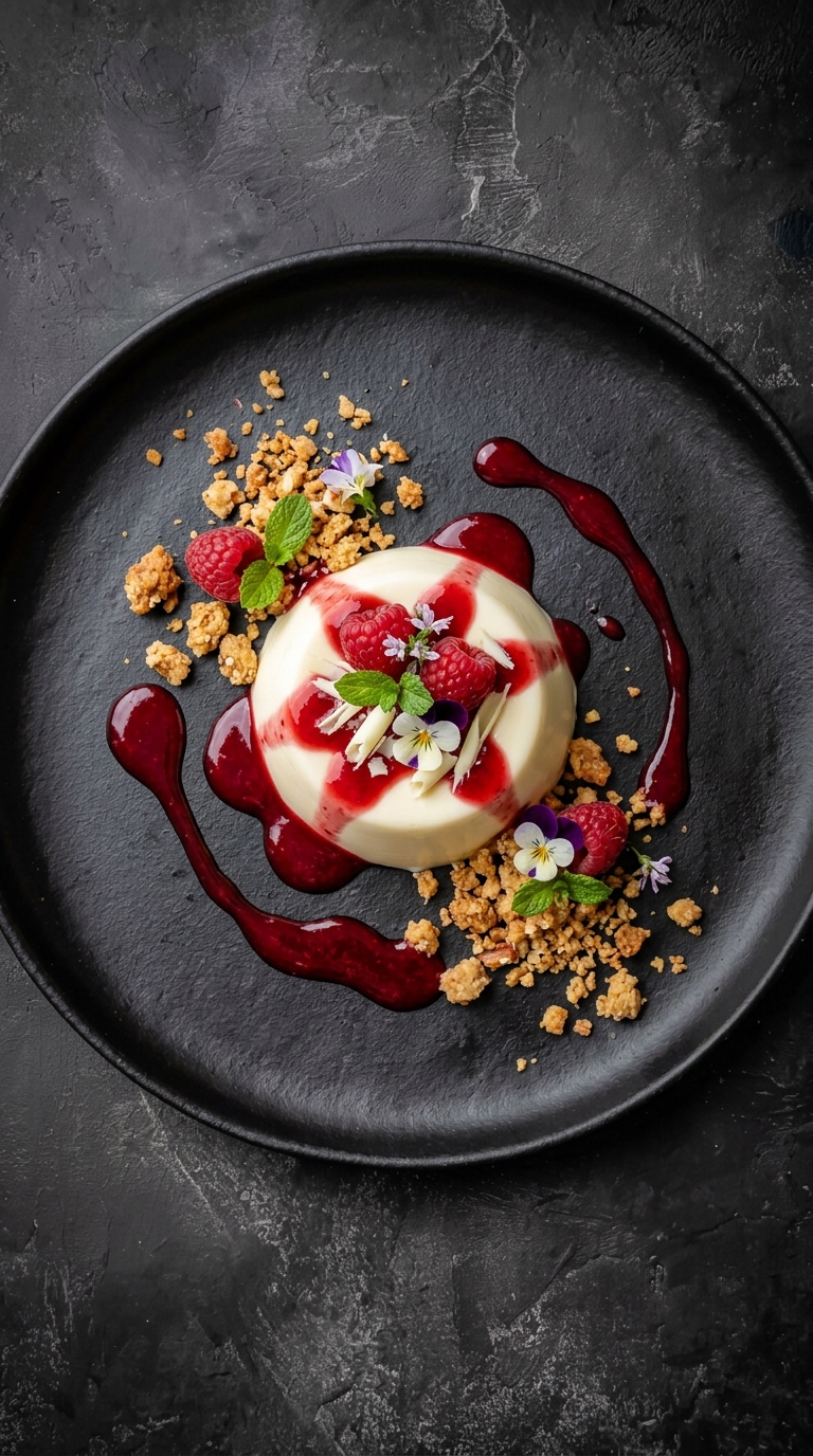 Hvit sjokolade-pannacotta med bringebærcoulis