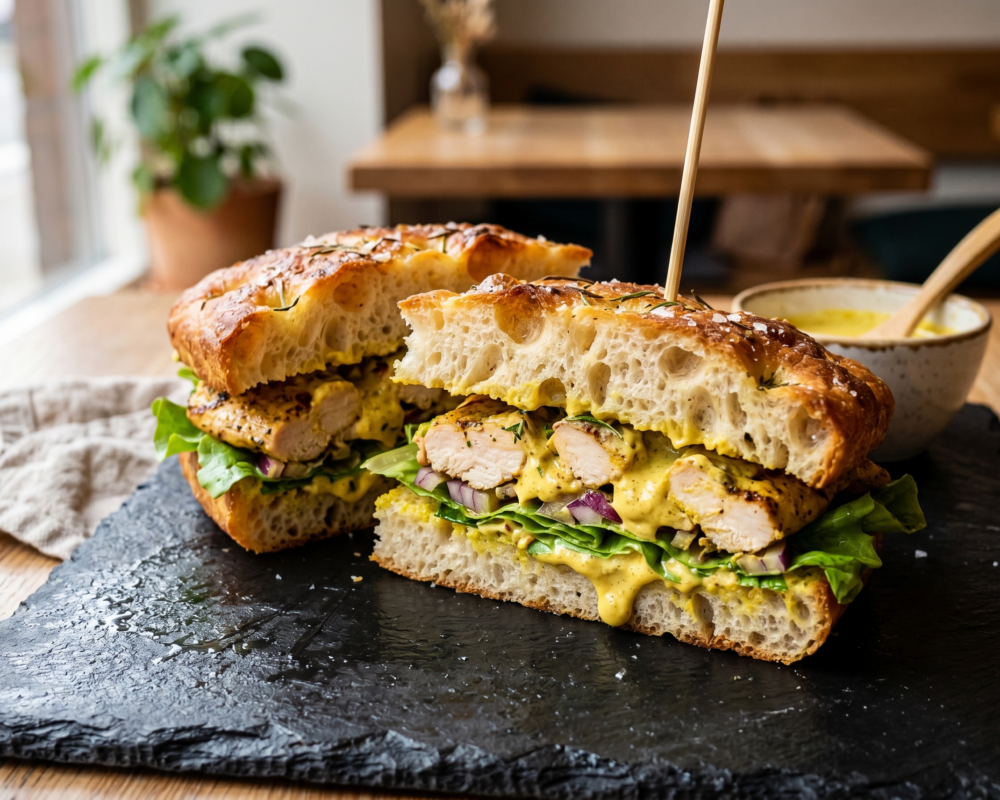 Focaccia med kylling og karrirøre