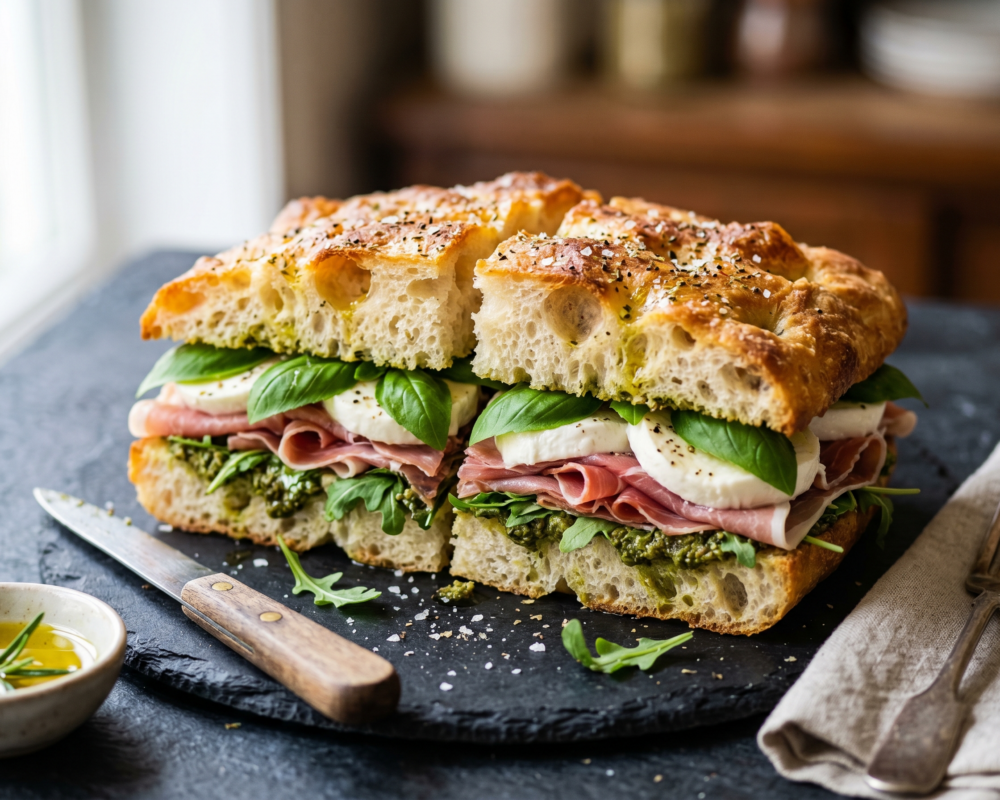 Focaccia med pesto, mozzarella og parmaskinke