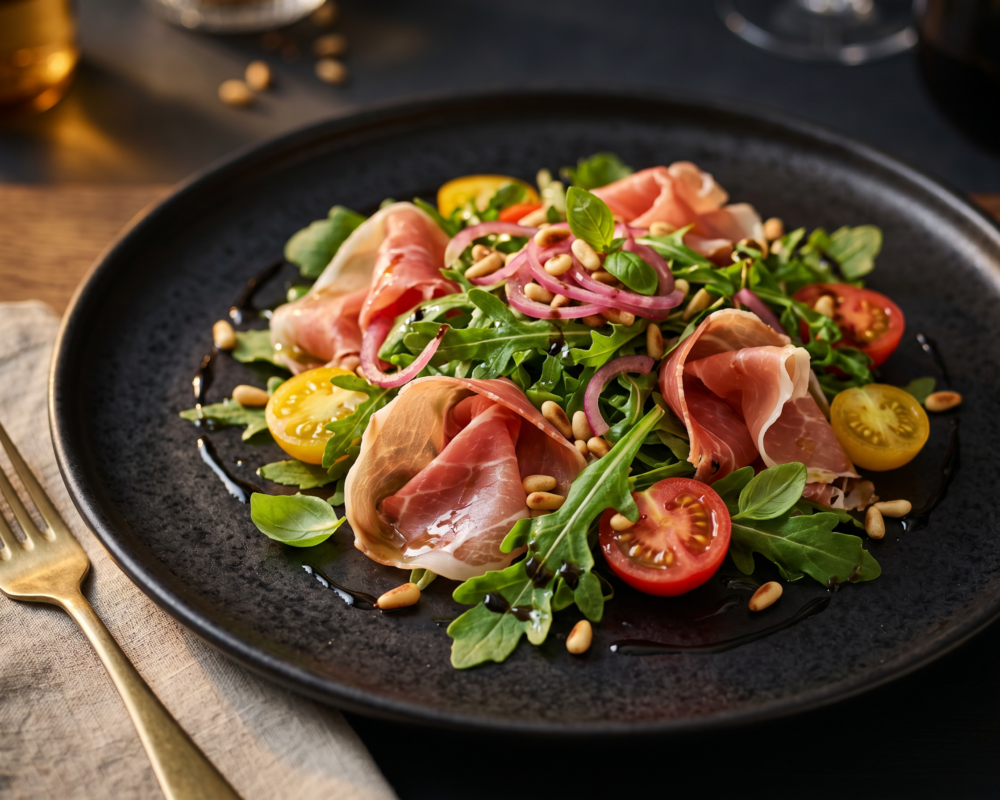 Salat med parmaskinke, cherrytomater, piklet rødløk, ristede pinjekjerner og balsamicoglaze