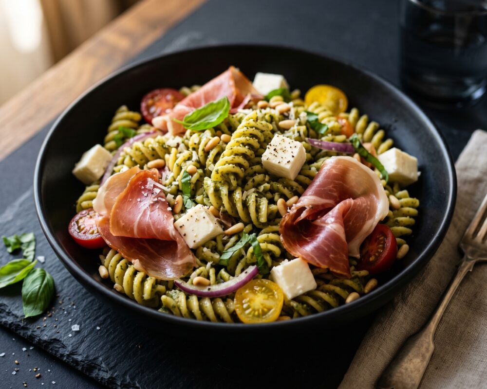Pastasalat med hjemmelagd pesto, ost og skinke