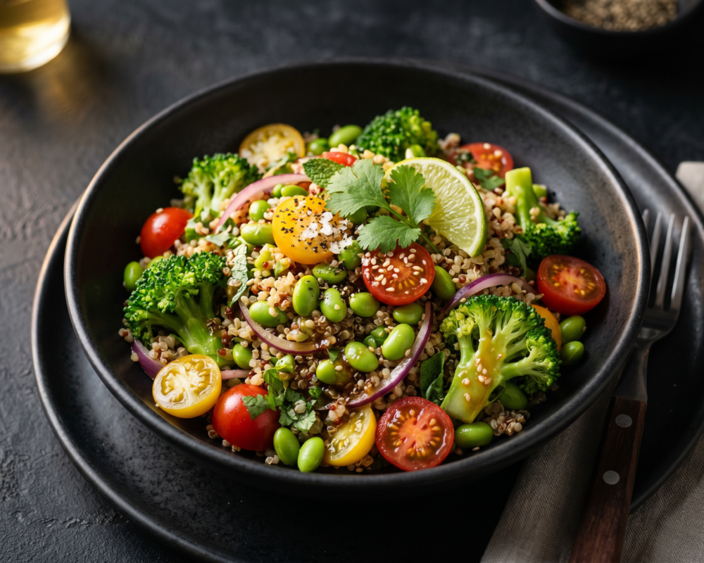 Quinoa brokkolisalat med soyabønner, cherrytomat og sitrus soya dressing