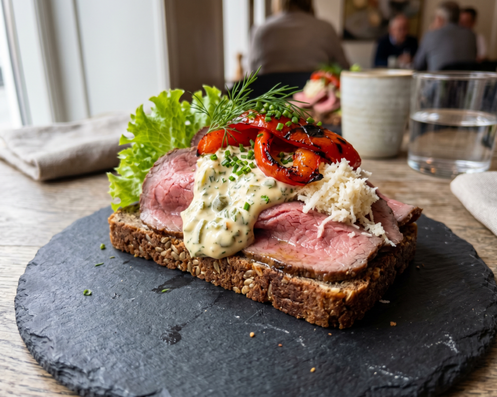 Smørbrød med hjemmelagd rostbiff, remuladesaus, pepperrot og grillet paprika