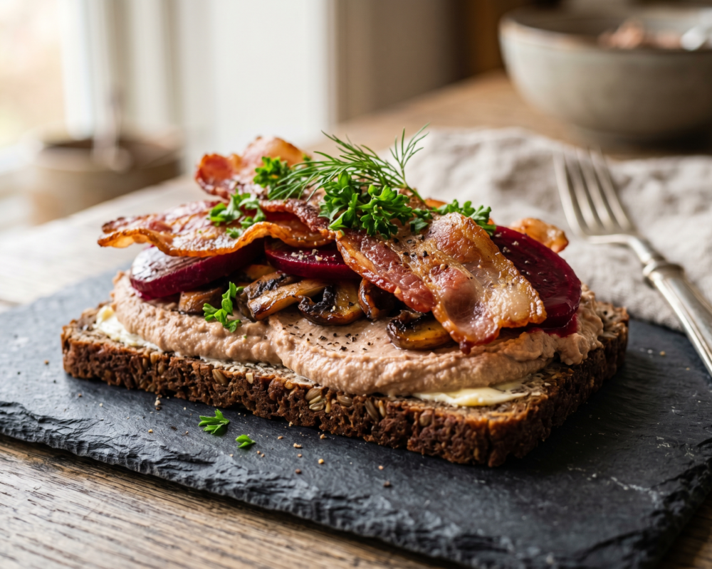 Smørbrød med leverpostei og sprøstekt bacon, toppes med sopp og rødbeter