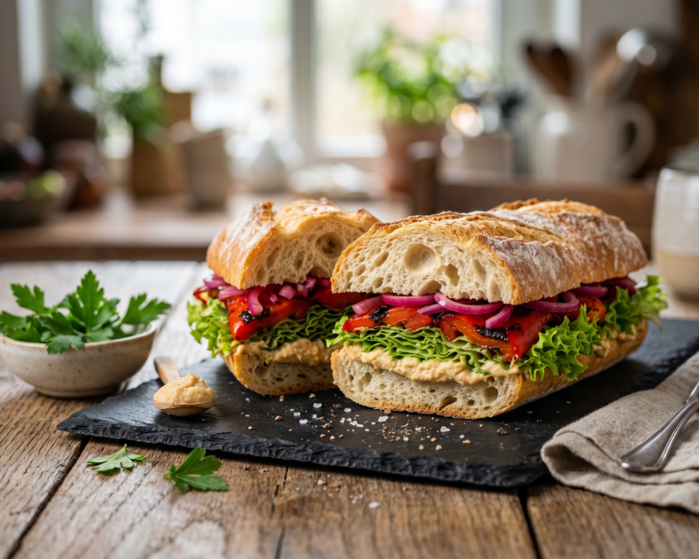 Vegansk baguett salat hummus