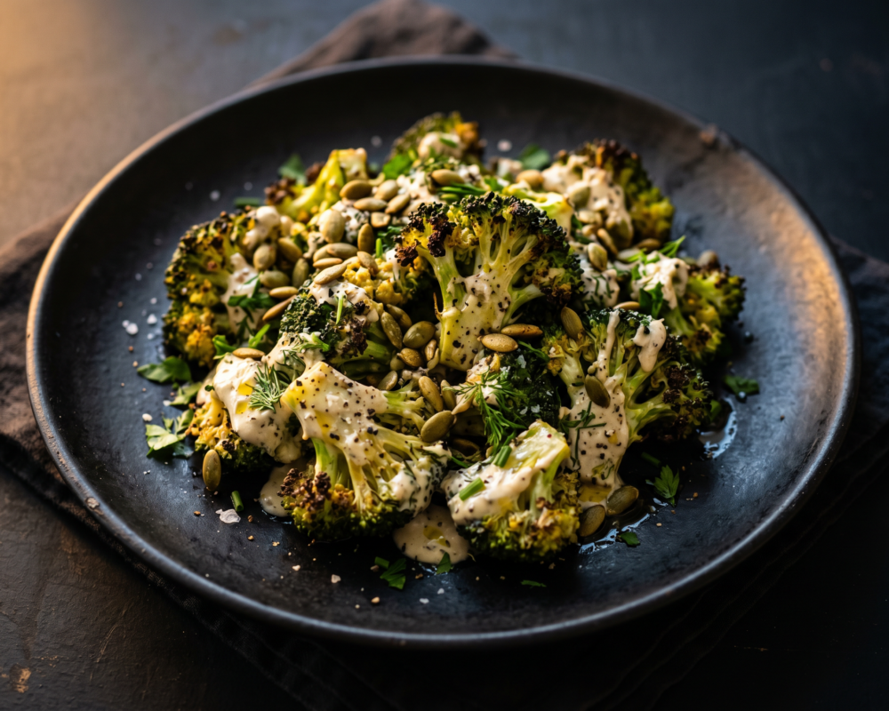 Vegansk rostet brokkolisalat med hvitløksdressing og rostede gresskarkjerner
