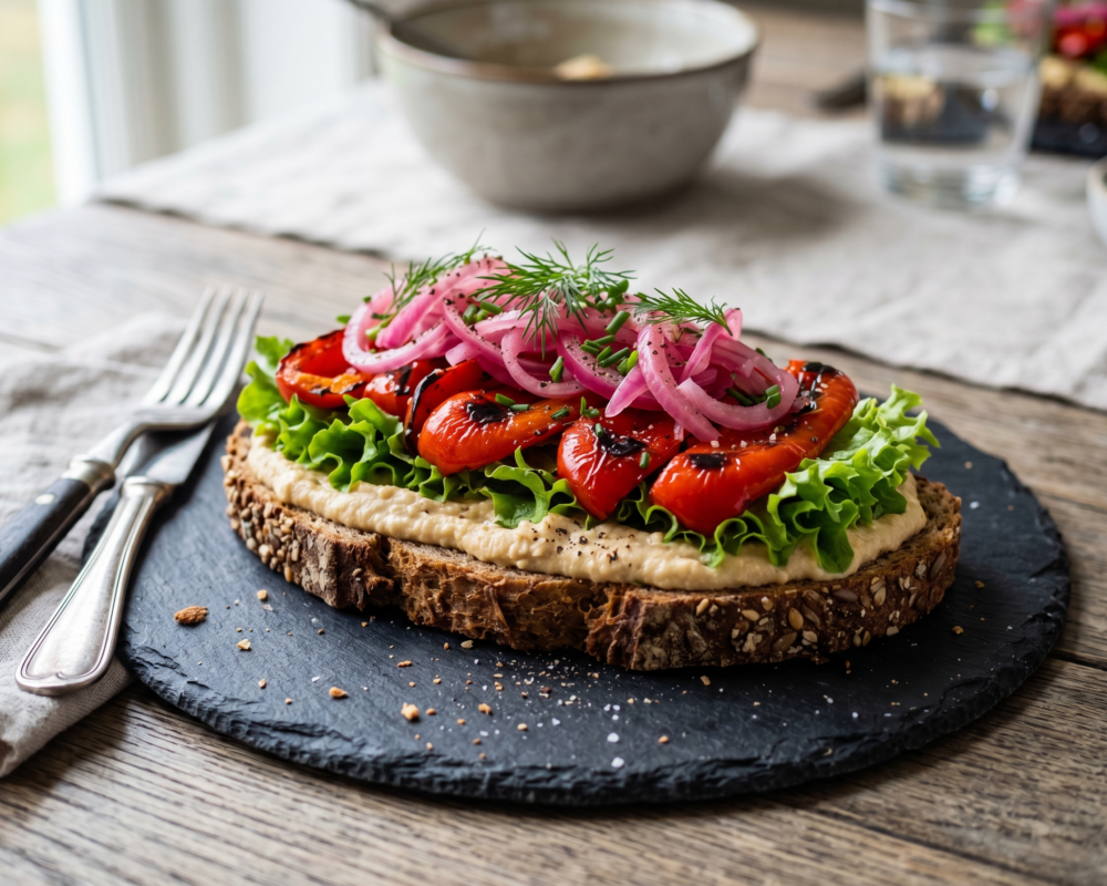 Vegansk smørbrød med salat, hjemmelagd hummus, bakt paprika og syltet rødløk