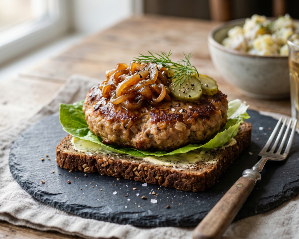 Smørbrød med karbonade og karamellisert løk